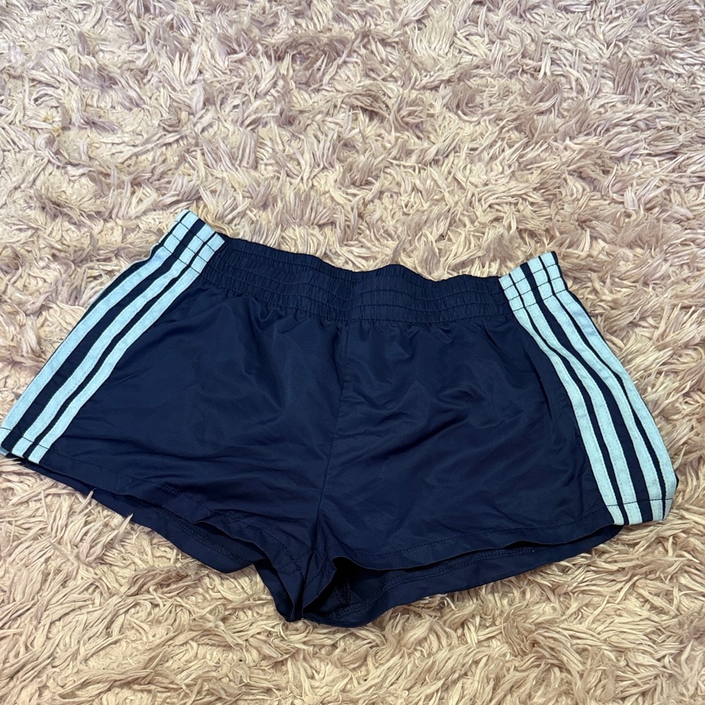 Edikted Navy Athletic Shorts with Light Blue Side Stripes